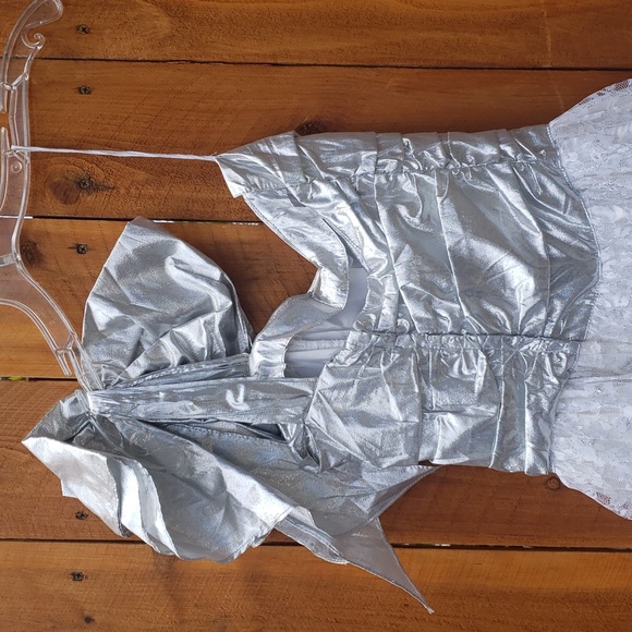 Gunne Sax One Shoulder Special Occassion Formal White Silver Lace Dress 5 - Picture 4 of 11